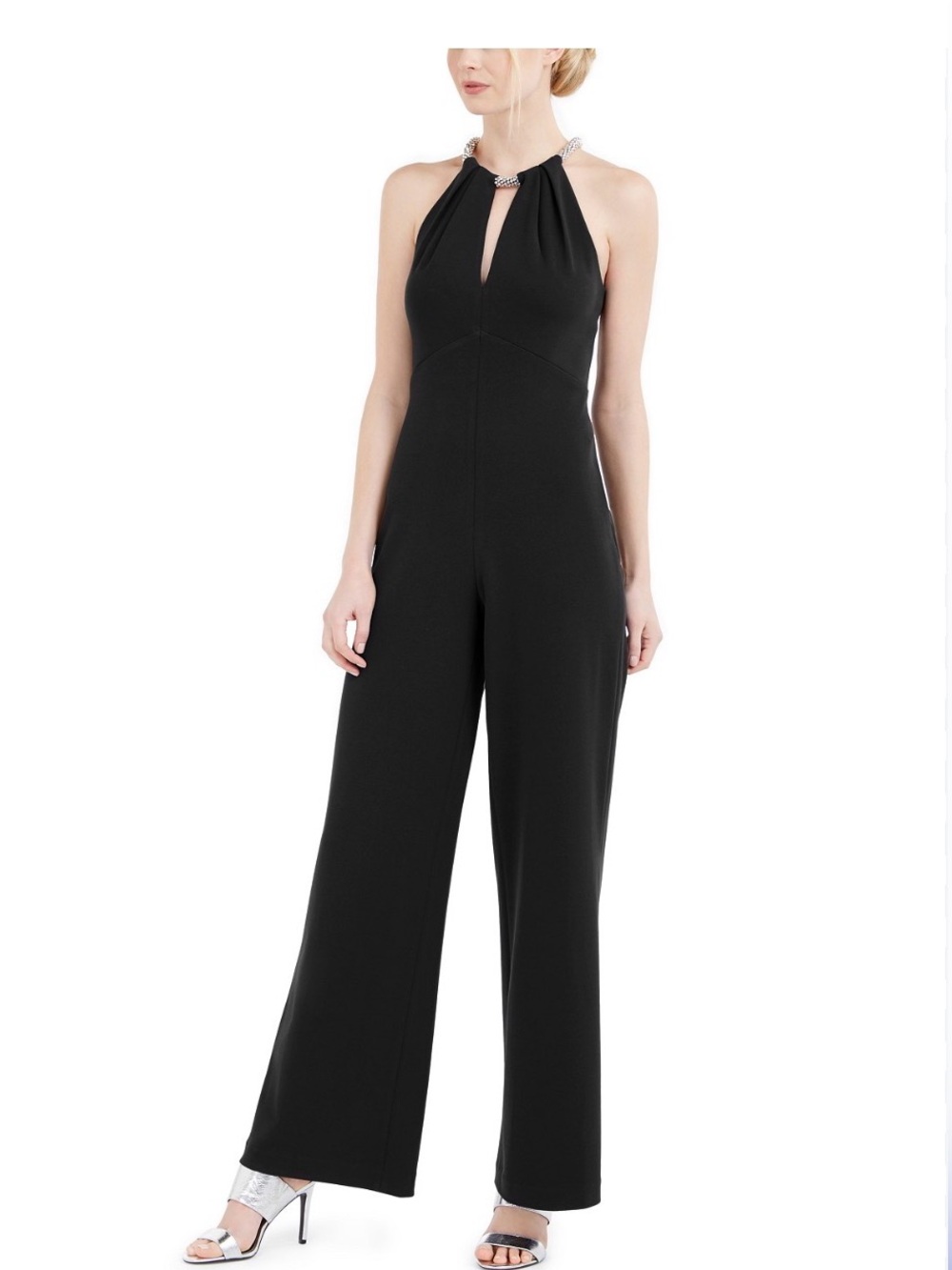 CALVIN KLEIN Beaded Keyhole Halter Jumpsuit Wide Leg Formal Size 14